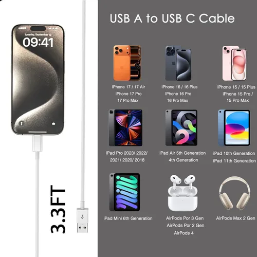 Miniatura 3 de Cable Carplay para Automóvil iPhone 16E/17 para iPhone 16E/17Air, 15/16/17 Pro Max 15 16 Plus Cable de Accesorios para Automóvil, USB A a USB C