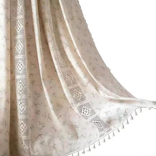 Deeprove Cortinas bohemias para dormitorio, rayas huecas de ganchillo crema y estampado floral, tela de lino de algodón, con borlas beige bohemias,