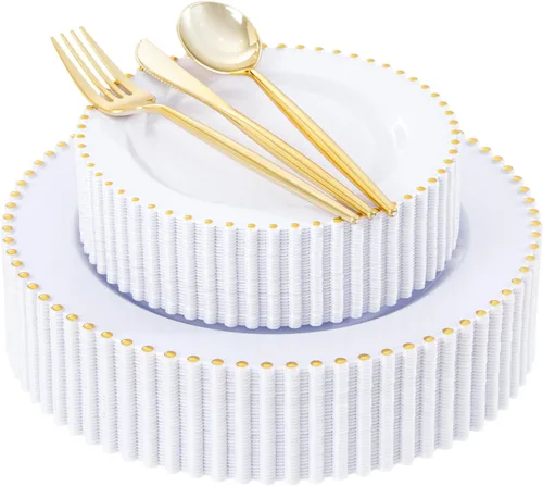 Miniatura 10 de LIYH - 150 platos de plástico transparente y dorado, elegante juego de vajilla desechable de plástico dorado que incluye platos de cena y postre