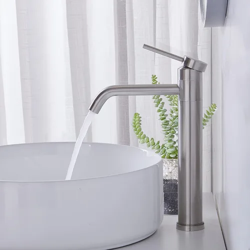 Hotis HT-BF100 - Grifo de lavabo de níquel cepillado, grifo de baño alto de acero inoxidable con boquilla giratoria de 360°, grifos de baño de 1