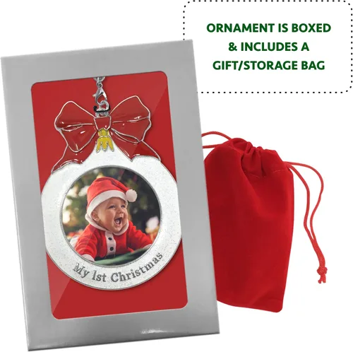 Miniatura 4 de Adorno fotográfico de la primera Navidad del bebé con un dije de 2025 - Con forma de bombilla con purpurina blanca y lazo rojo - Bolsa incluida