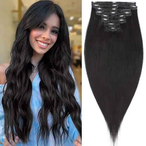 Miniatura 12 de S-noilite Extensiones de cabello humano con broches, extensiones de cabello humano corto con clip, trama estándar, 8 piezas, 18 clips, cabello