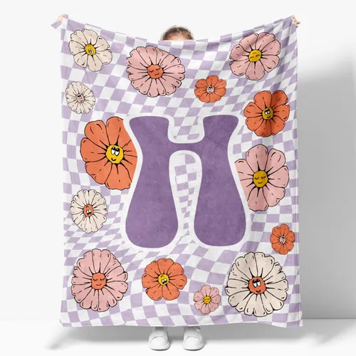 Miniatura 8 de Manta retro de los años 70 con inicial B floral a cuadros, groovy abstracta estética, manta de franela suave personalizada, regalos con monograma