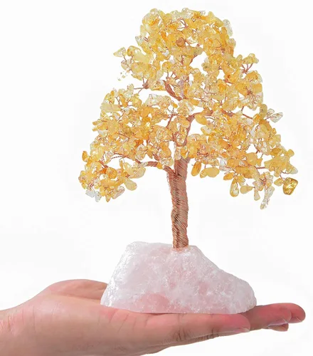 KALIFANO Árbol de cristal de chakra de citrino natural prémium (414 piedras preciosas) con base de cuarzo rosa con propiedades curativas – Bonsái
