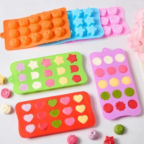 Miniatura 5 de 6 piezas de moldes de silicona para chocolate con forma de flor, juego de moldes de 15 cavidades con forma de rosa, corazón, estrella, moldes