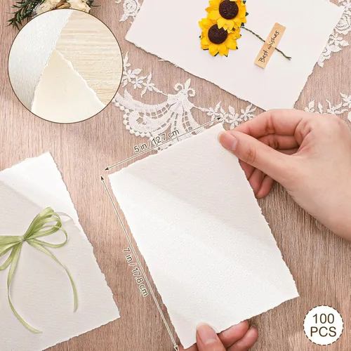 Miniatura 2 de 100 hojas de papel de borde deckled de 5 x 7 pulgadas, papel hecho a mano de 160 GSM, papel de acuarela áspero/texturizado para invitaciones