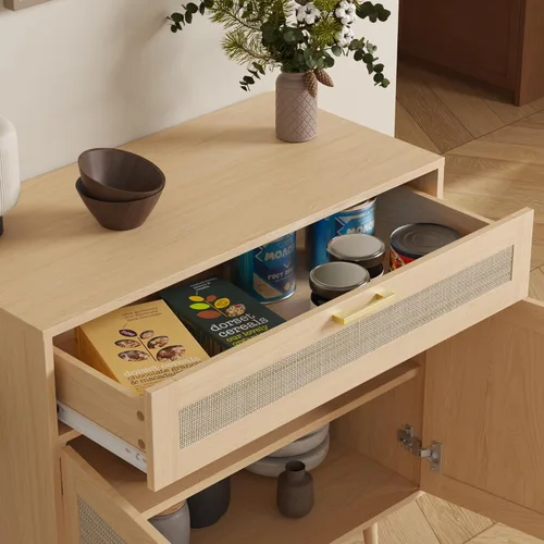 Miniatura 5 de Furnify Aparador de ratán buffet, armario de cocina bohemio con cajón y 2 puertas, armario moderno de mediados de siglo con estante ajustable, barra