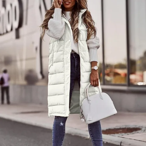 Miniatura 29 de Chaleco largo para mujer, sin mangas, acolchado, con cremallera, capucha, abrigo de invierno cálido, ligero, con bolsillos