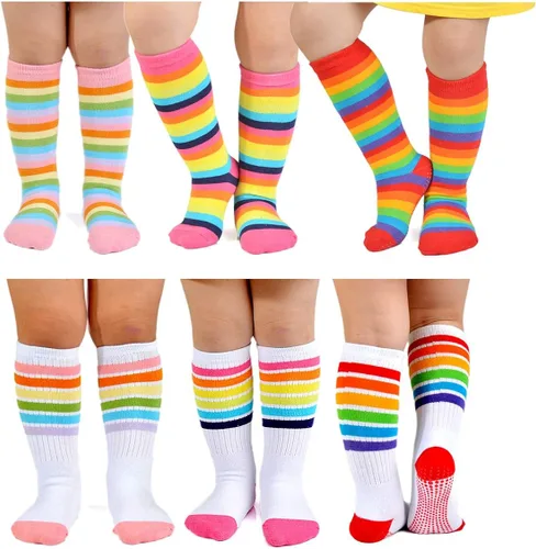 Miniatura 2 de EPEIUS Calcetines altos a la rodilla con rayas arco iris para bebé, medias de tubo antideslizantes, calcetines de fútbol para niños pequeños y niños