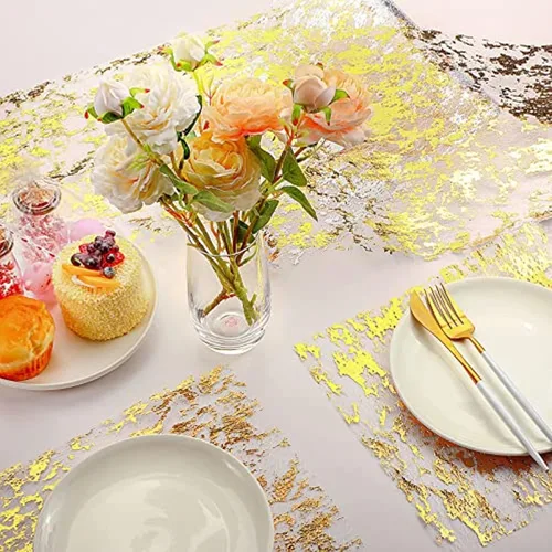 Miniatura 3 de Tegeme Camino de mesa dorado metálico de 11 pulgadas x 33 pies con purpurina metálica fina decoración de mesa de tela dorada con lentejuelas