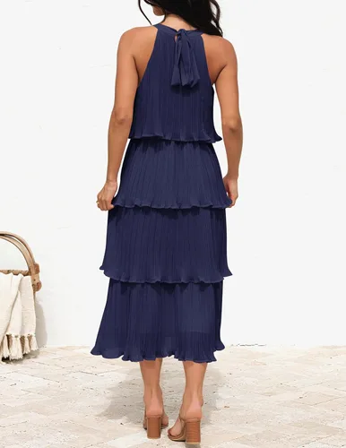Miniatura 4 de Zesica Vestido de verano sin mangas, con cuello halter y volantes escalonados, de gasa, con vuelo, largo por debajo de la rodilla