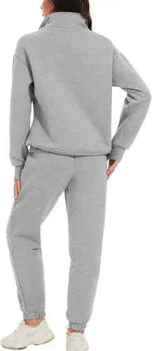 Miniatura 5 de PEHMEA Conjunto deportivo de 2 piezas de otoño para mujer, con forro polar, holgado, manga larga, media cremallera, cómodo conjunto de descanso