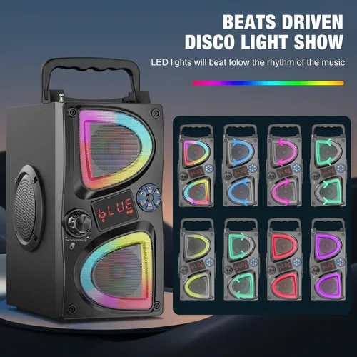 Miniatura 3 de Altavoz Bluetooth, 60W (Pico) Altavoces Inalámbricos Portátiles Pequeños para Fiestas en Casa con Doble Subwoofer de Graves Profundos, Radio, Luces