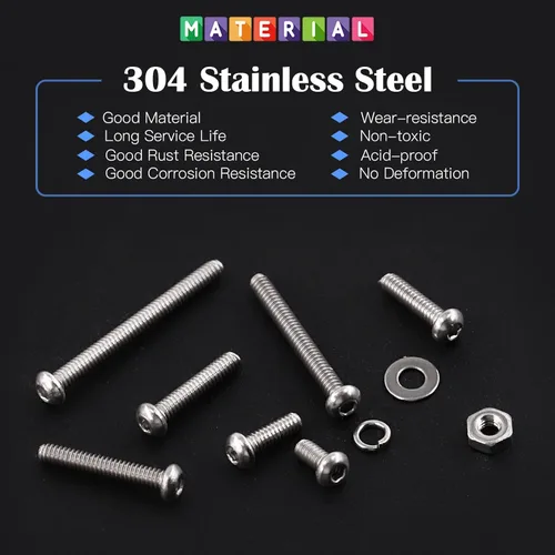 Miniatura 3 de Glarks 1021 tornillos de cabeza de botón M2 304 de acero inoxidable hexagonal, tornillos y tuercas arandelas kit surtido con llave hexagonal