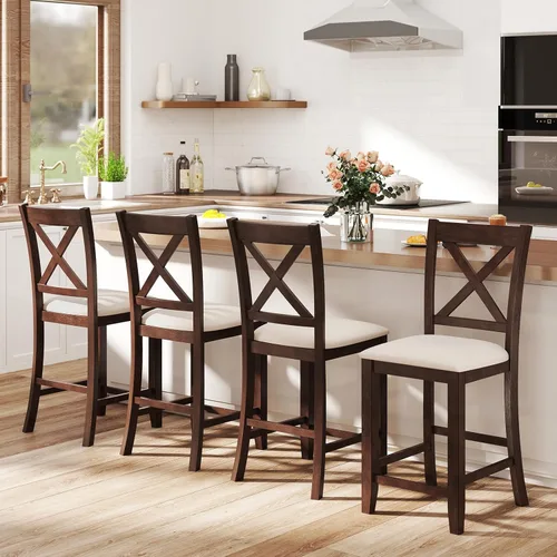 Miniatura 14 de Giantex 24" Bar Stools Set of 2, Farmhouse Counter Height Barstools w/Footrest, Cross Back, Comfortable Linen Cushion, Upholstered Wood Bar Chairs