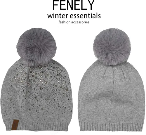 Miniatura 5 de Gorro de invierno para mujer con pompón de piel sintética cálido suave con diamantes de imitación para mujer