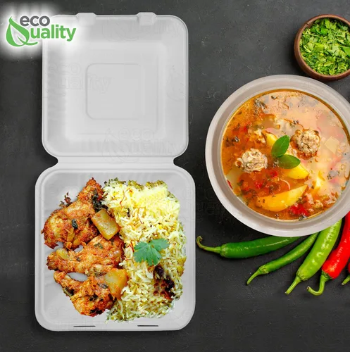 Miniatura 8 de Contenedor de comida cuadrado compostable con bisagras para llevar, 9 x 9 x 3 pulgadas, contenedores desechables de calidad resistente, con un solo