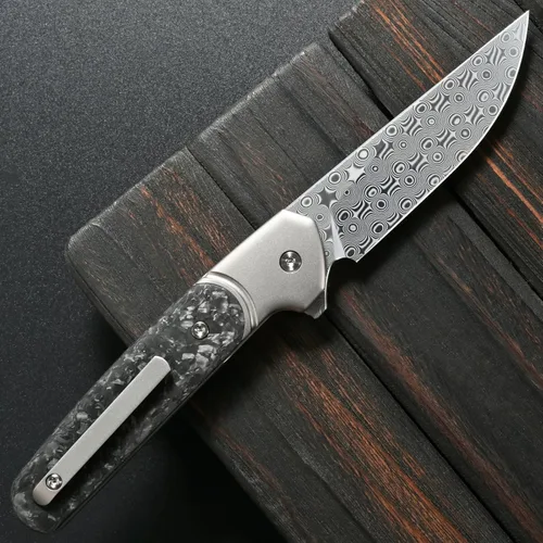 Miniatura 3 de Sitivien ST252 Cuchillo plegable de acero Damasco, hoja de damasco, mango de fibra de carbono de titanio, cuchillo EDC para acampar al aire libre