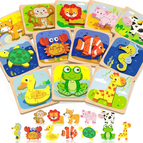 Miniatura 9 de Benresive Rompecabezas de madera para niños pequeños, 6 piezas de juguetes Montessori de animales para niños de 1 a 3 años, juguetes educativos