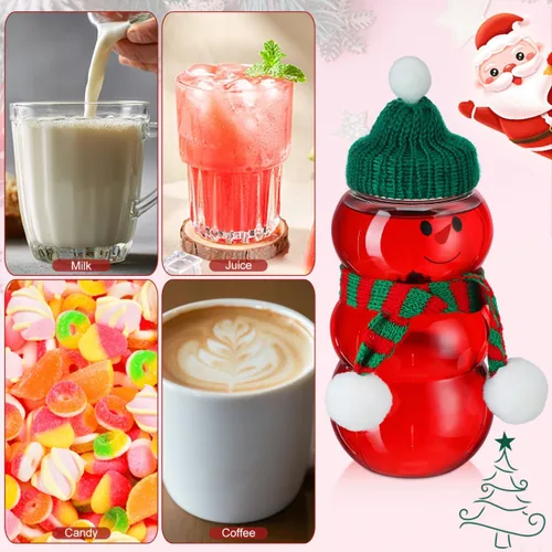 Miniatura 3 de PRETYZOOM 10 juegos de botellas de jugo de muñeco de nieve con tapa, tarro de plástico transparente de Navidad con bufandas de punto, sombreros