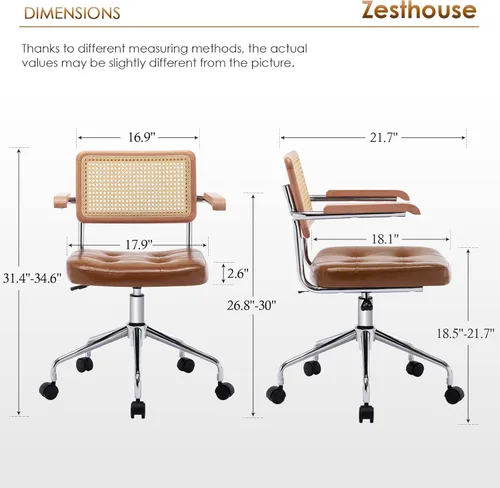 Miniatura 2 de Zesthouse Silla de escritorio de oficina de cuero con ruedas, silla de escritorio con ruedas de mediados de siglo con brazo de madera y respaldo