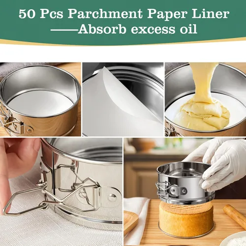 Miniatura 5 de Molde desmontable para tartas de 4 pulgadas, 4 piezas de moldes desmontables de acero inoxidable con 50 forros de papel, molde para cheesecake a