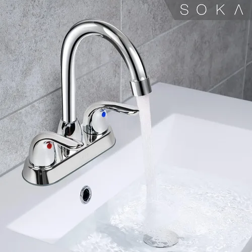 Miniatura 10 de SOKA Grifo de baño central de dos asas para fregadero de acero inoxidable de arco alto con placa de cubierta y montaje de drenaje desplegable