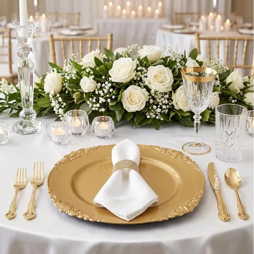 Miniatura 7 de Okllen Paquete de 12 Platos Base Dorados, Platos Base Redondos para Cena de 13" con Borde en Relieve para Catering, Boda, Decoración de Mesa