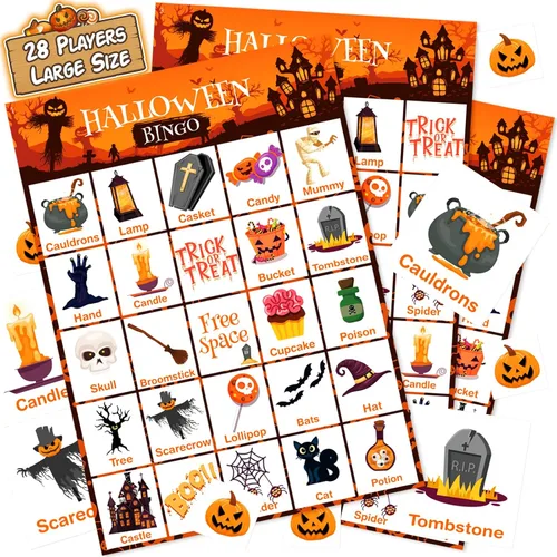 V-Opitos Tarjeta de juego de bingo de Halloween de gran tamaño para niños y adultos, 6 x 8.5 pulgadas, 28 jugadores, juegos de Halloween para