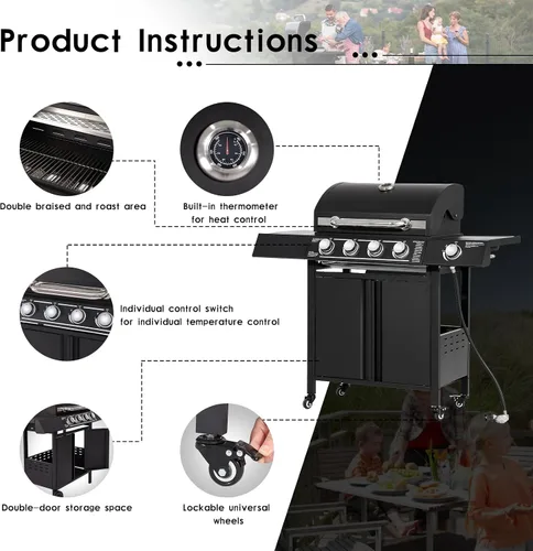 Miniatura 5 de LEISU Parrilla de gas propano de 4 quemadores con quemador lateral y rejillas de hierro fundido, parrilla de salida de 50,0000 BTU para cocina