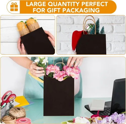 Miniatura 7 de XPCARE 200 unidades de bolsas de regalo de papel, 13,3 x 8,2 x 21 cm, bolsas de envoltorio de regalo con asas, bolsas de papel kraft negro