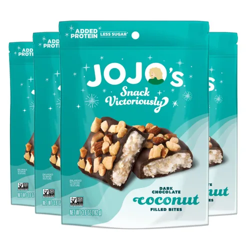 JOJO's Bocados rellenos de coco y chocolate negro con almendras, 3.6 onzas (4 unidades), sin gluten, sin OGM, vegano, sin lactosa, más proteína,