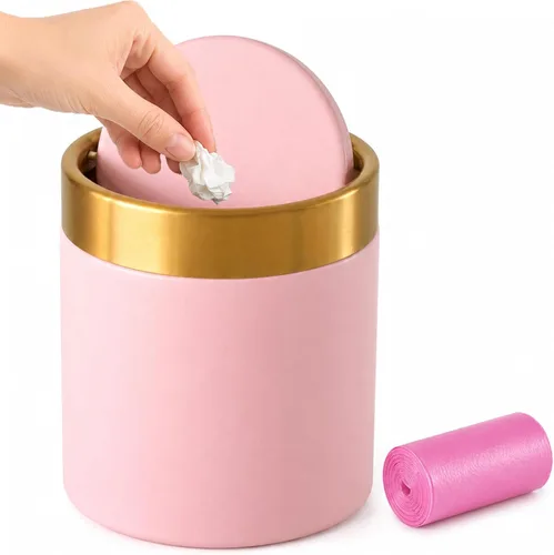 Miniatura 12 de Mini bote de basura con tapa, pequeño cubo de basura de metal para escritorio con tapa oscilante, cubo de basura de encimera de 0.4 galones