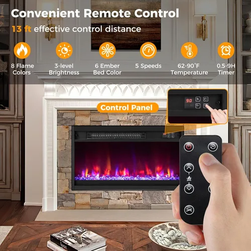 Miniatura 9 de COSTWAY Calentador de chimenea empotrado de 23 pulgadas, inserto de chimenea eléctrica con llama multicolor y cama de brasas de cristal, control