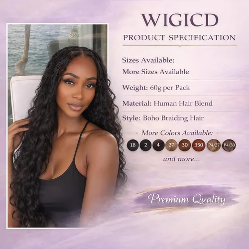 Miniatura 3 de Mezcla de cabello humano trenzado sintético bohemio para trenzar, 16 pulgadas de onda profunda a granel para trenzas bohemias, 2 piezas de cabello 1b