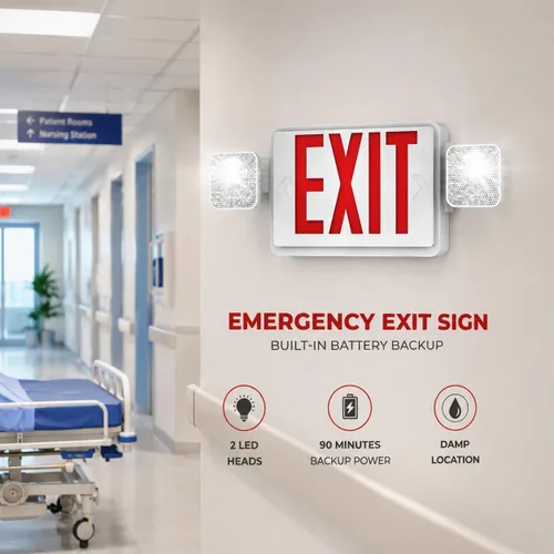 Señal LED de salida de emergencia de doble cara, con capacidad remota, dos luces LED de inundación, batería de respaldo, letra roja estándar de EE.