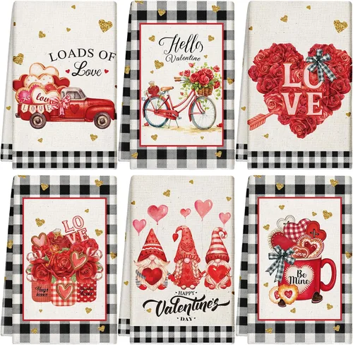 Miniatura 10 de Patelai 6 toallas de cocina para el día de San Valentín, corazones rojos, a cuadros, camión, té, baño, vacaciones, platos, 21.3 x 14.3 pulgadas