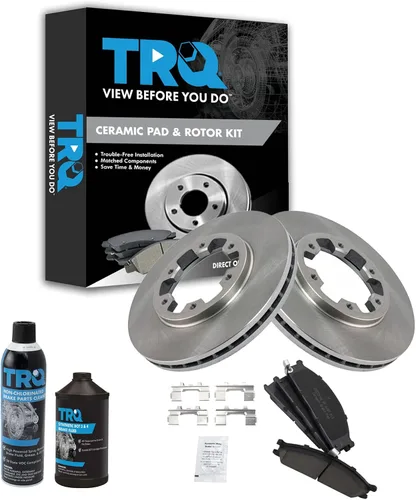 TRQ Kit de pastillas de freno delantero y rotor, kit químico de freno, pastillas de freno de cerámica compatible con Nissan D21 1986-1994 1999-2002