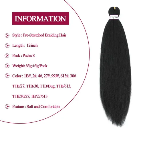Miniatura 5 de Cabello trenzado previamente estirado de 12 pulgadas, 8 paquetes, pelo profesional suave Yaki para trenzas, ajuste de agua caliente, extensiones