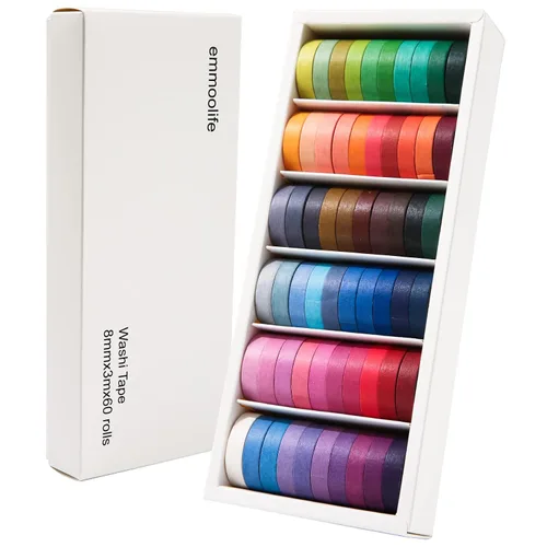 60 Rollos de Cinta Washi de 8mm de Ancho y 3.05m de Largo, Cintas Adhesivas Básicas de Color Sólido Arcoíris para Artes, Regalos para Niños, Diarios