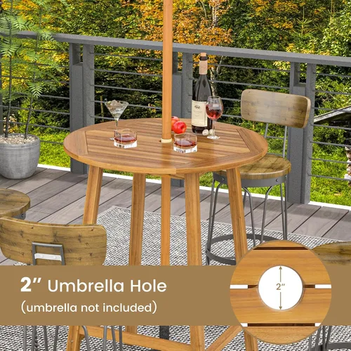 Miniatura 6 de Tangkula Mesa de bar de madera de acacia de 31.5 pulgadas, mesa redonda de bistró con agujero para paraguas, mesa de comedor al aire libre