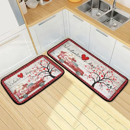Miniatura 7 de Juego de 2 alfombras y tapetes de cocina retro con diseño de camión rojo con diseño de árbol de corazón, diseño de búfalo rojo, antifatiga