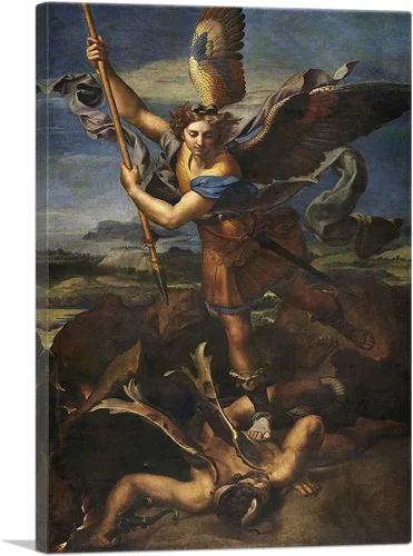 ARTCANVAS Lienzo decorativo de San Miguel Vanquishing Satan 1518, pintura enmarcada estirada, póster giclée, decoración de pared por Raphael, 12 x 8
