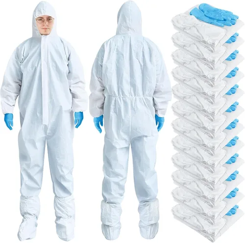 TrelaCo Juego de 25 juegos de trajes para materiales peligrosos desechables, traje de pintura de cuerpo completo con capucha, cubierta para zapatos