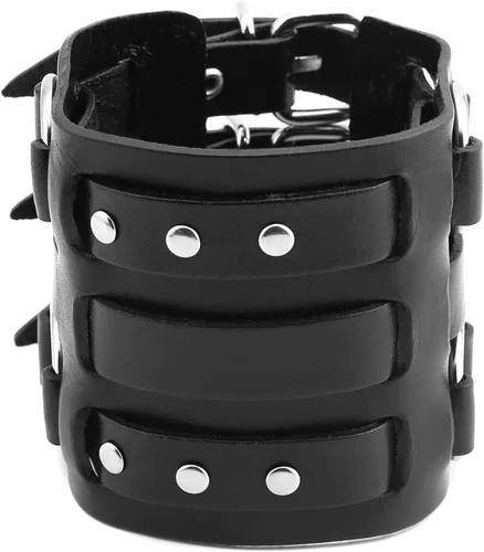 Miniatura 2 de HZMAN Anillo de aleación para hombre, pulsera de cuero genuino, tono plateado, ajustable