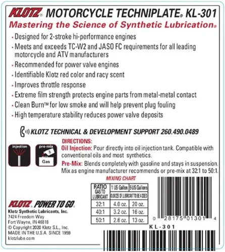 Miniatura 3 de Klotz Motorcycle TechniPlate Aceite sintético premezcla/inyector para motores de 2 tiempos TC-W2 – 1 galón KL-301