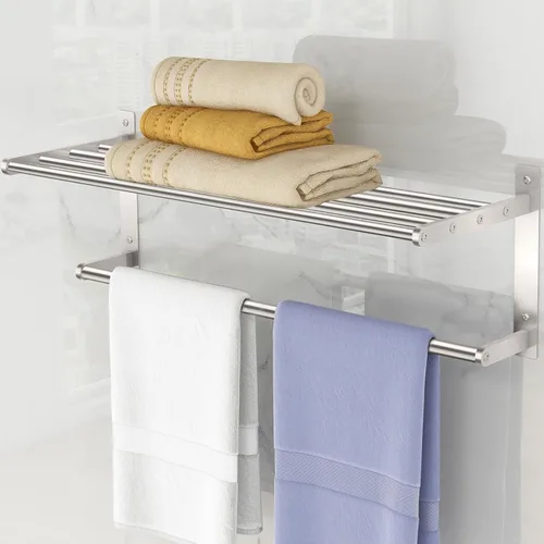 Miniatura 8 de Estante de baño con toallero, toalleros de metal de 16 pulgadas para montaje en pared de baño, toallero a prueba de óxido con estante soporte