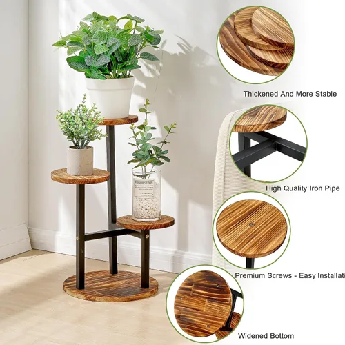 Miniatura 3 de VECELO Soporte para Plantas de 3 Niveles Interior y Exterior, Estante Alto de Metal y Madera para Flores y Múltiples Plantas, Pequeño Estante