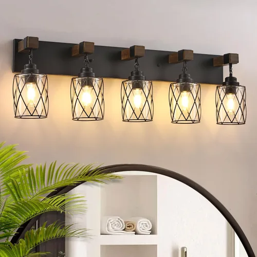 Miniatura 8 de Accesorios de iluminación de baño de granja, lámpara de tocador de baño de 3 luces con pantalla de metal y vidrio, accesorios de iluminación