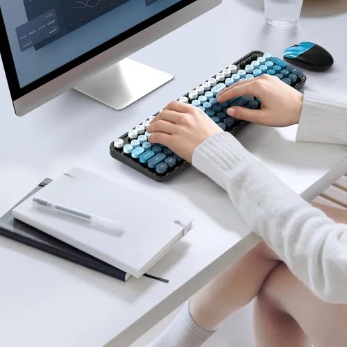 Miniatura 6 de Combo de teclado y mouse inalámbricos, teclado retro de tamaño completo de 2.4 GHz con teclado numérico y mouse inalámbrico para Negro azul